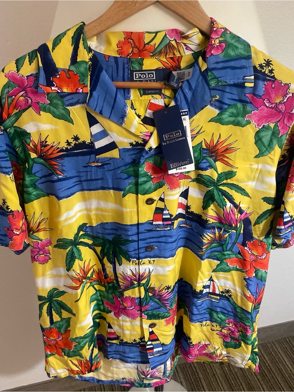 Polo by Ralph Lauren Yellow Tropical Sailboat Print Camp Shirt